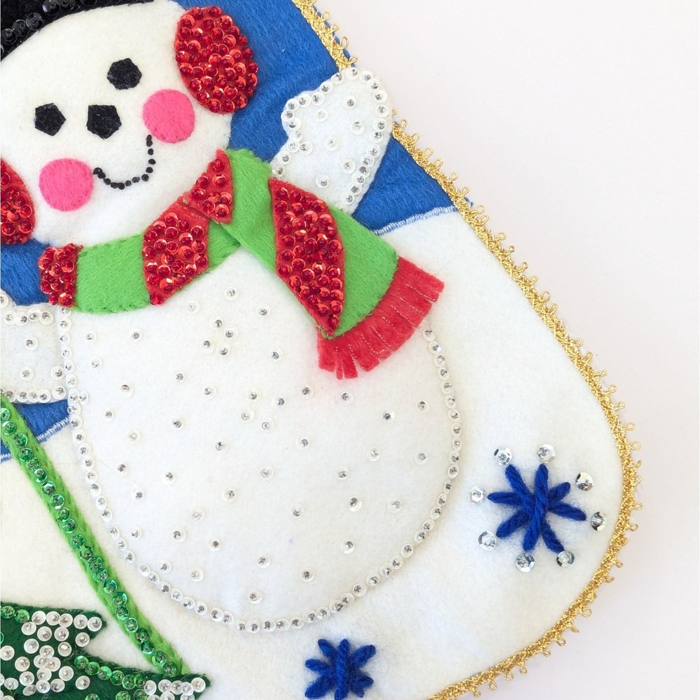 Vintage Finished Bucilla Felt Sequin Beaded Christmas Stocking Snowman w/Broom - Picture 4 of 9
